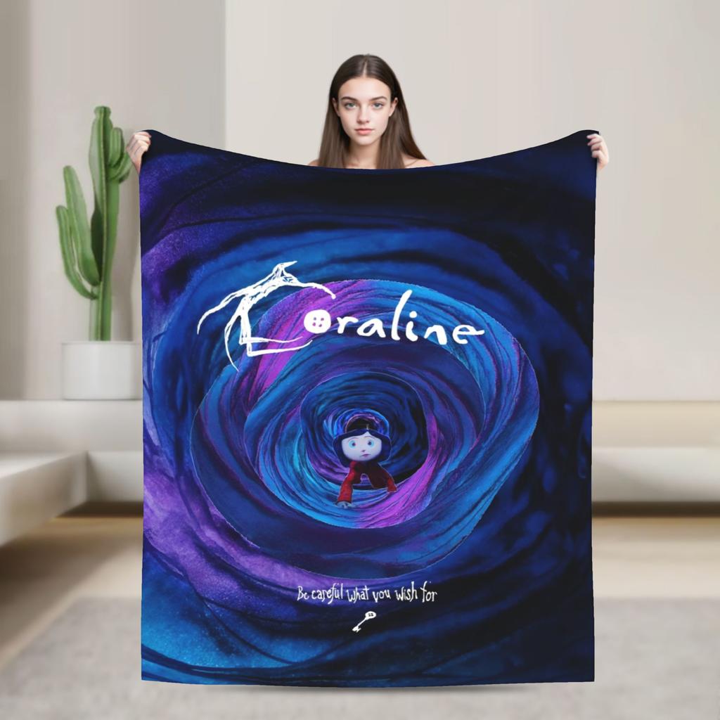 Coraline Halloween Horror Blanket Flannel Spring Autumn Portable Lightweight Throw Blankets for Home Car Bedding Throws