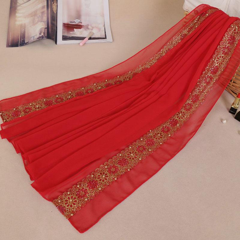 Malay new women's pearl chiffon splicing lace scarf, colored pearl-studded monochrome long scarf YW