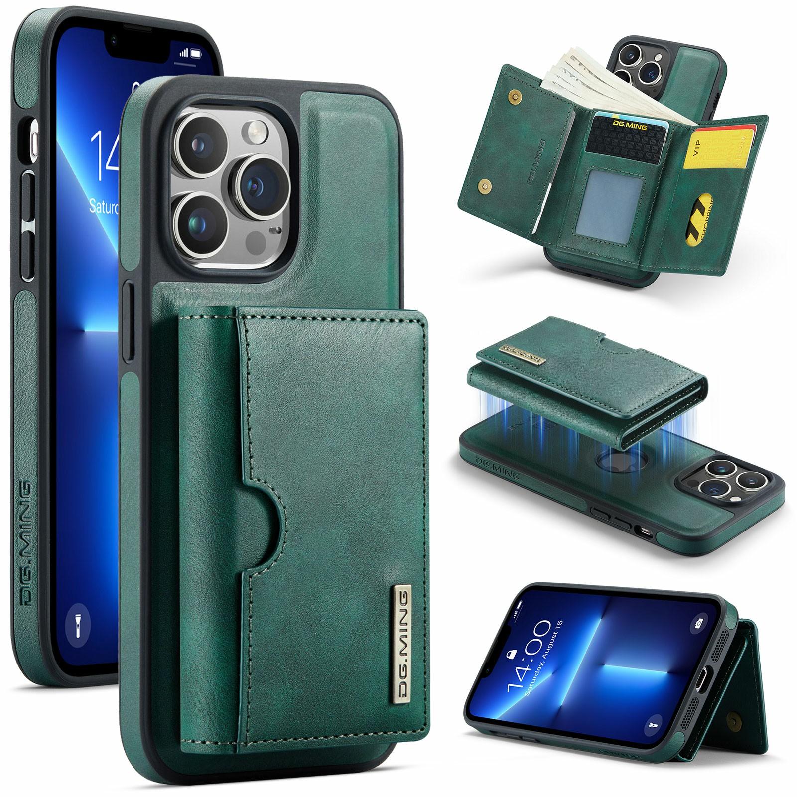 

DG.MING M6 Series For iPhone 13 Pro Case Magnetic Wallet PU+PC+TPU Phone Cover Green