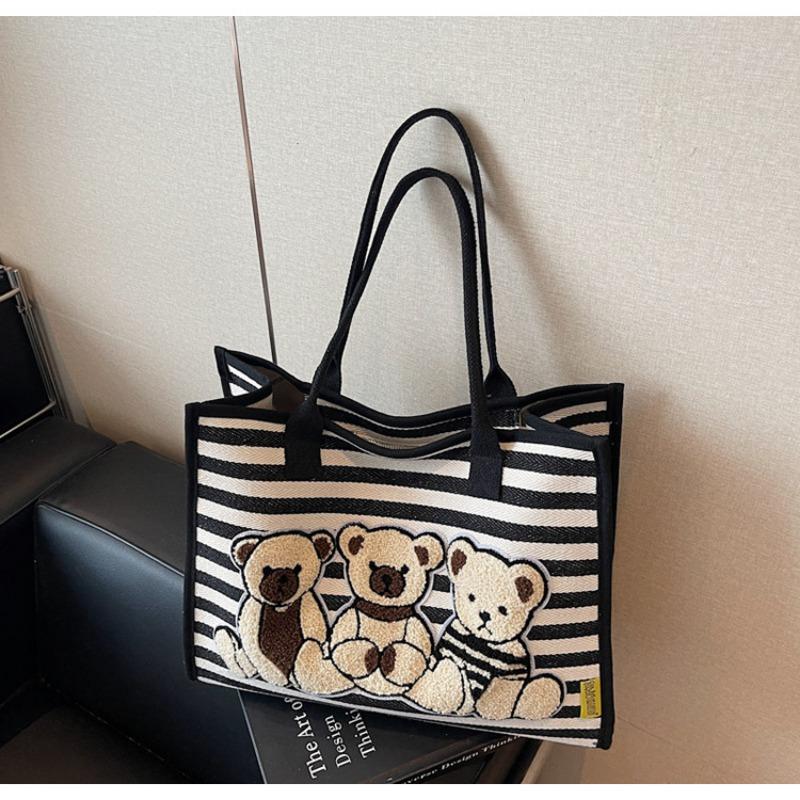Striped canvas bag women's large-capacity new autumn and winter versatile cartoon shoulder bag college student tote bag