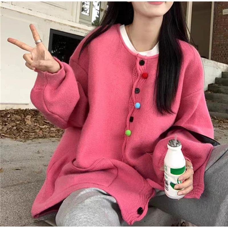 

Вязаный кардиган Wave Edge с круглым вырезом и длинными рукавами, женский, свободный, осень-зима розовый