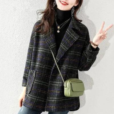 New Plaid Suit Woolen Jacket Autumn and Winter Women's Korean Version Loose Retro Plaid Medium and Long