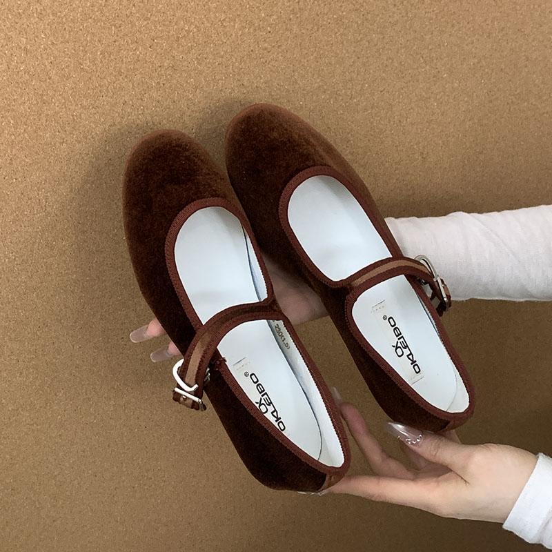 Fashion Soft Fashion Flock Women Flats Mary Janes Lolita Shoes Round Toe Female Buckle Strap Footwear Shallow Ladies Ballet Flats Shoes