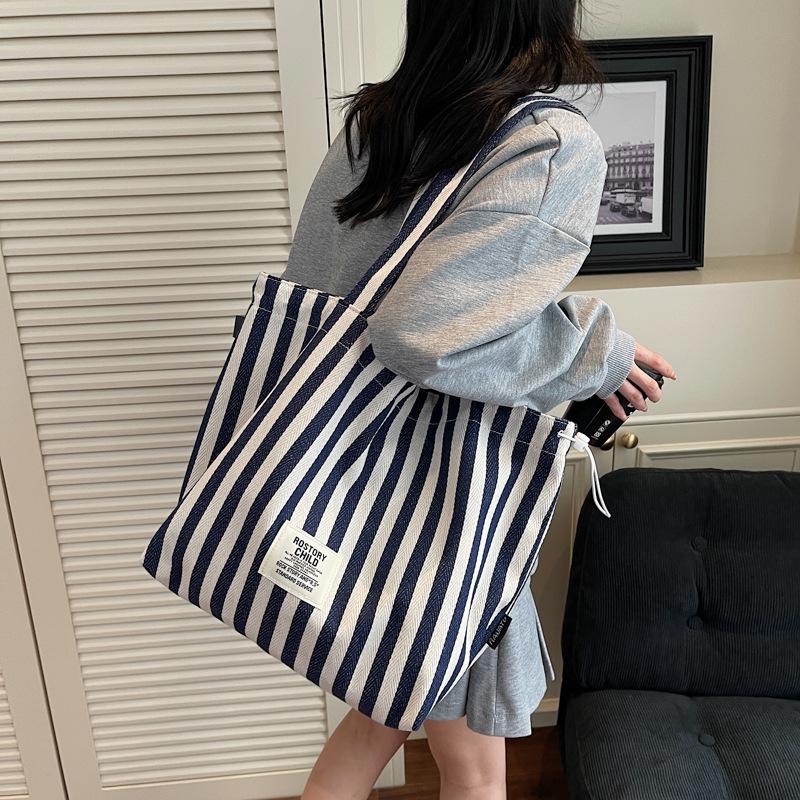 Large Capacity Striped Tote Bag Women's 2025 Fashion Commuter Double-sided Canvas Bag Korean Simple Shoulder Oblique Span Bag