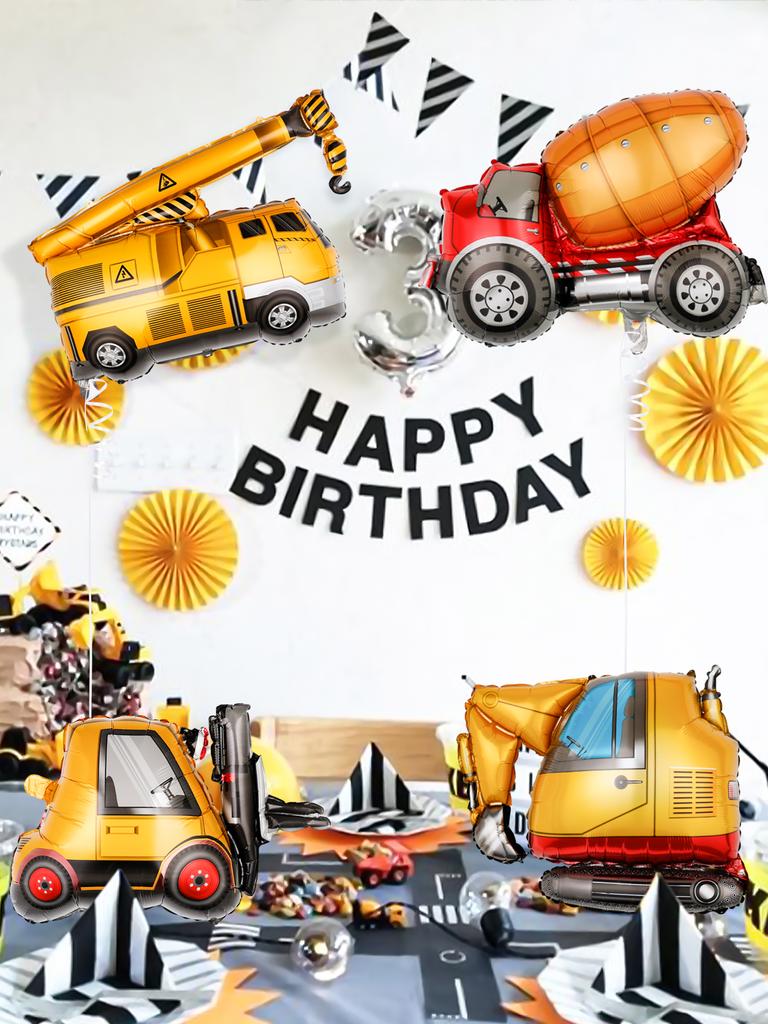 4-teiliges Baustellen-Ballon-Set, einschließlich Bagger-, Gabelstapler-, Mischtruck-Folienballons, Baustellen-Geburtstagsthemenparty
