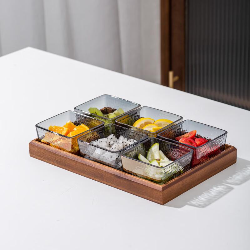 Hammered Glass Serving Bowl Set with Wooden Tray