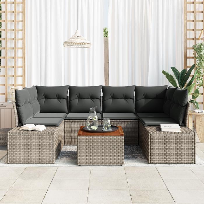 VidaXL Ensemble de canapé de jardin 7 pièces avec coussins gris en poly rotin et acacia 3356578