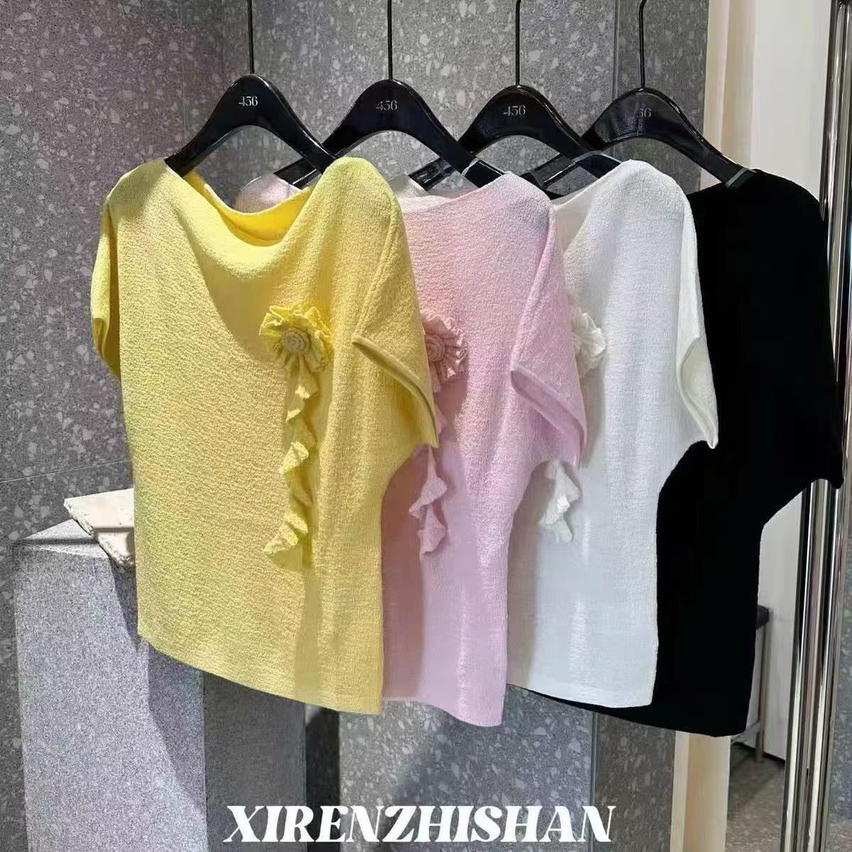 Elegant Three-Dimensional Floral Knit One-Shoulder Ruffled Top for Women One size чёрный
