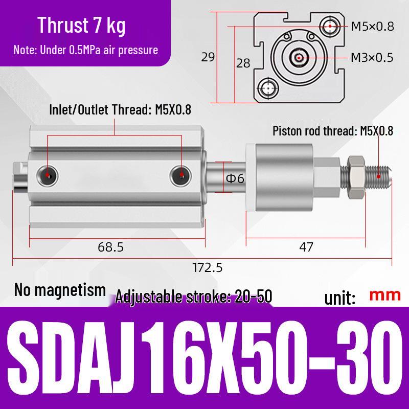 Adjustable Stroke Pneumatic Thin Cylinder - Piston Rod Sizes: 16/20/25/32/40/63