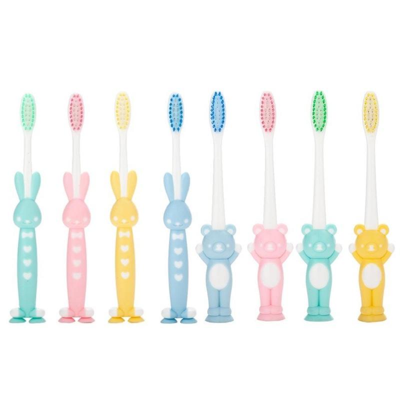 4pcs/Set Baby Kids Training Soft-Bristled Suction Stand Toothbrushes for Kids Children with Thick Ru
