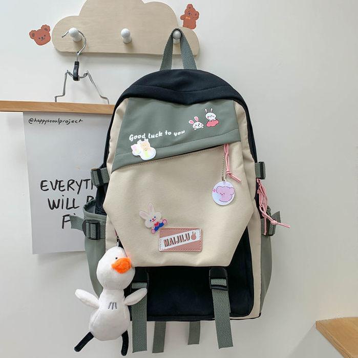 Încântător cu pandantiv de rață ghiozdan impermeabil, insigne drăguțe pentru fete, rucsac din nailon, în stil preppy, rucsac de culoare contrastantă, versatil