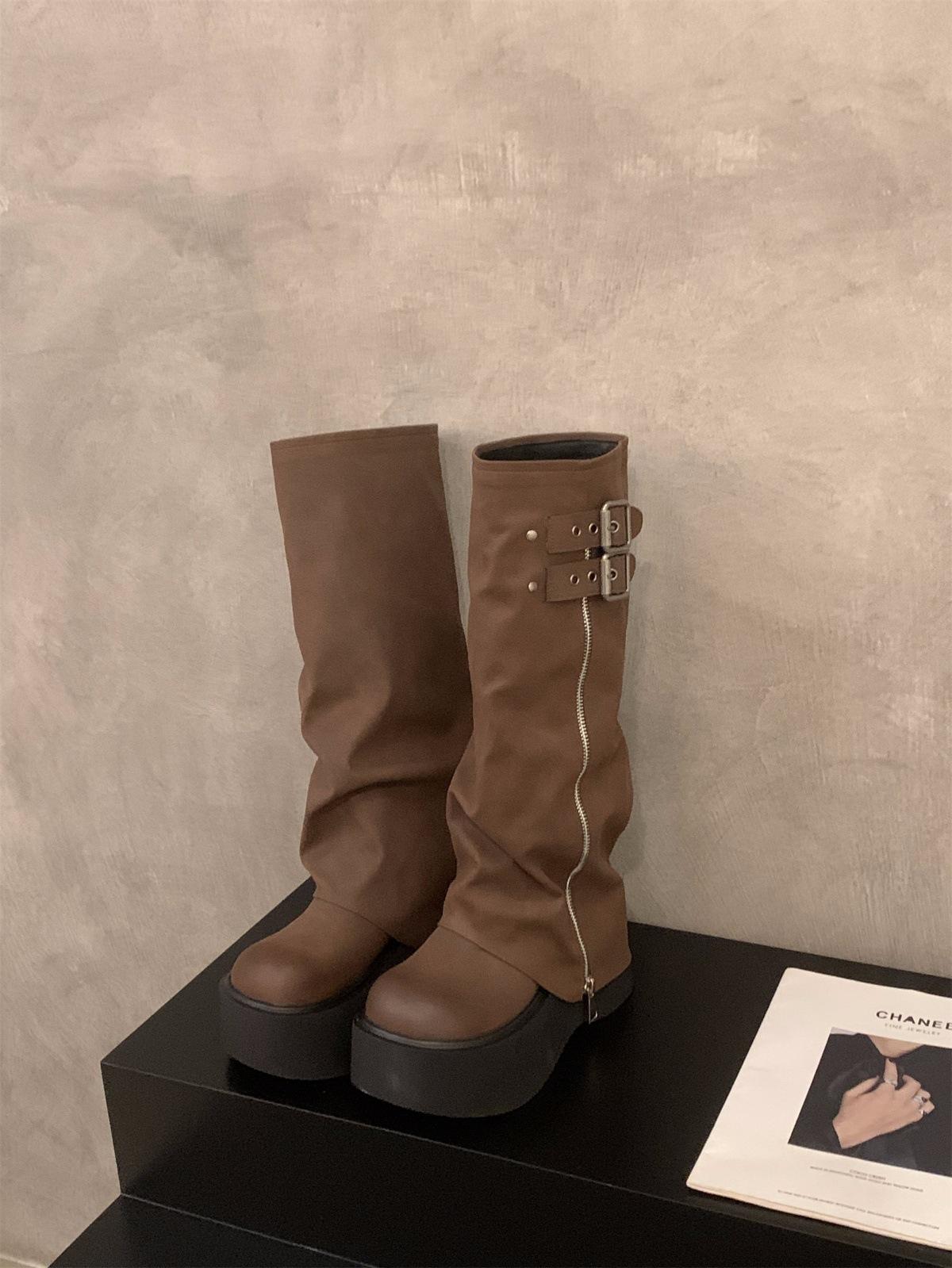 

Маленькие длинные рыцарские сапоги на толстой подошве, женская обувь 2024 года, новые коричневые брюки Майяра, штабелируемые ботинки, средние и длинные сапоги 39