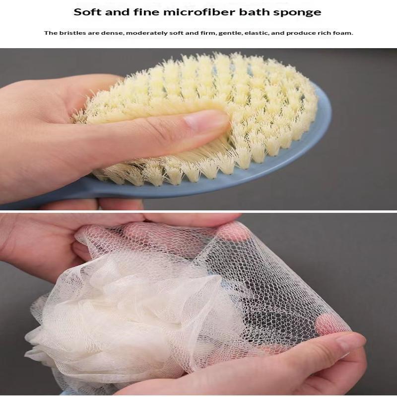 2 In 1 Long Handle Bath Brush Soft Bristles Exfoliating Loofah Puff For Shower Back Cleaning For Men Women
