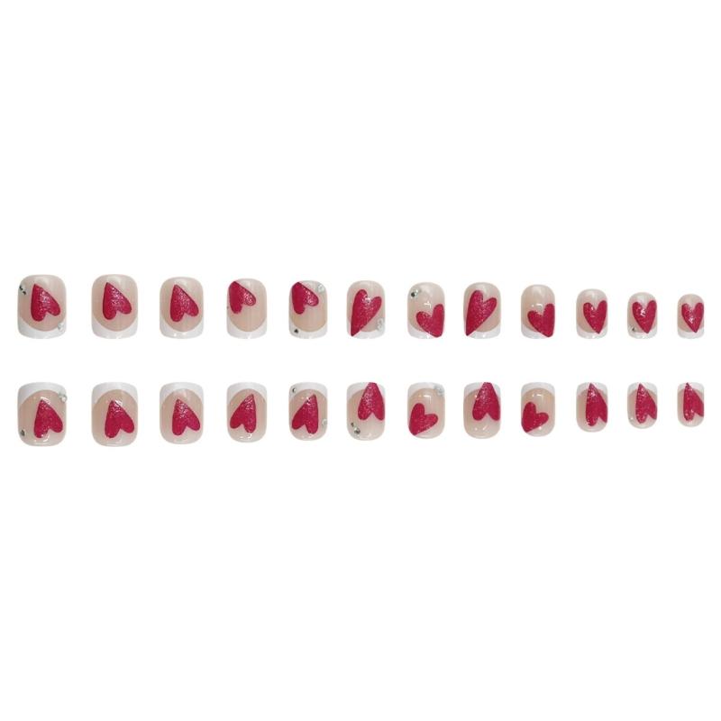 Pack Of 24 Artificial Nail Featuring 3D Textured Glitters Hearts French Design For Home Nail Art Multiple Sizes Included