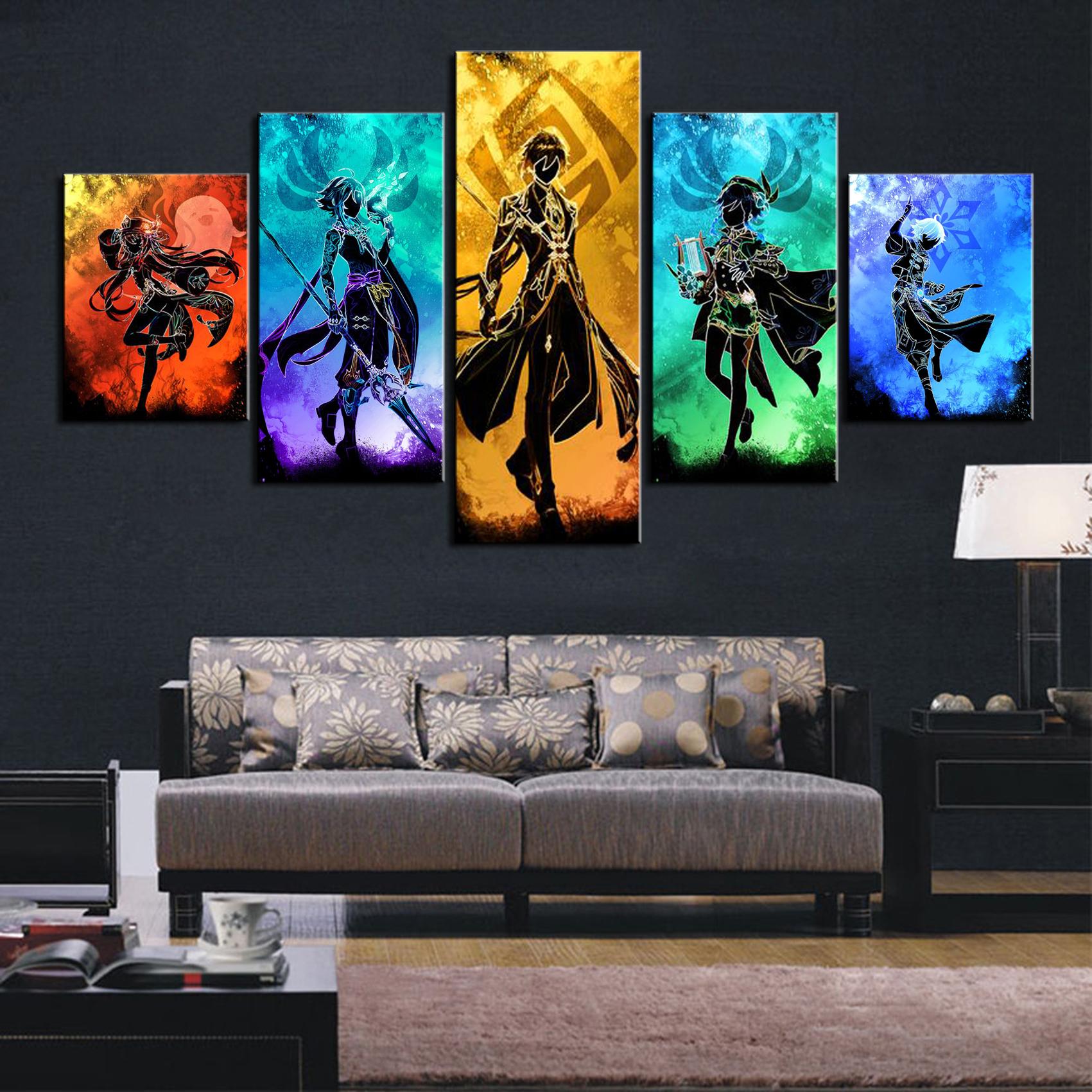 

5 Pieces Canvas Painting Abstract Arts Genshin Impact Game Home Decor Picture Living Room HD Anime Poster Prints Bedroom Mural 20X35 20X45 20X55CM