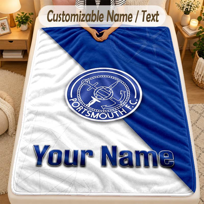 Flannel BlanketPortsmouth FC Custom Name Text Personalized Soft Warm Throw Blanket Home Decor Gift