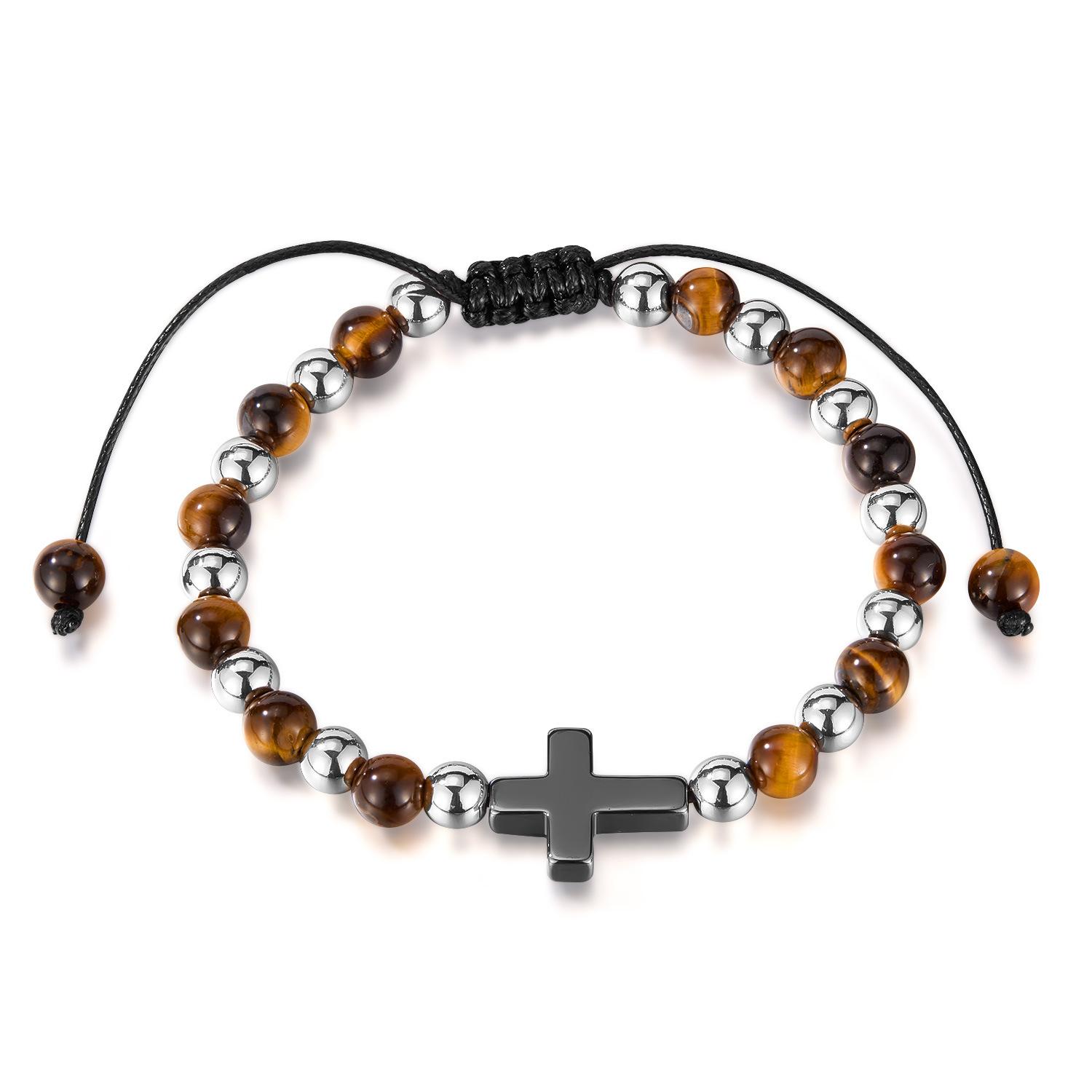 2026 European and American Fashion Bracelet Personalized Cross Black Gallstone Splicing Tiger s Eye Stone Men s and Women s Jewelry 19CM