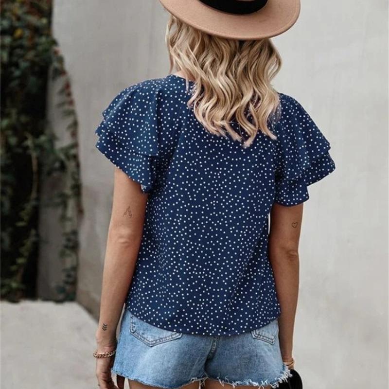 Fashion Casual T-shirt Women Vintage Thin Streetwear Digital Printing Dots Red Lotus Leaf Patchwork Tops Female Design Casual Slim Clothing
