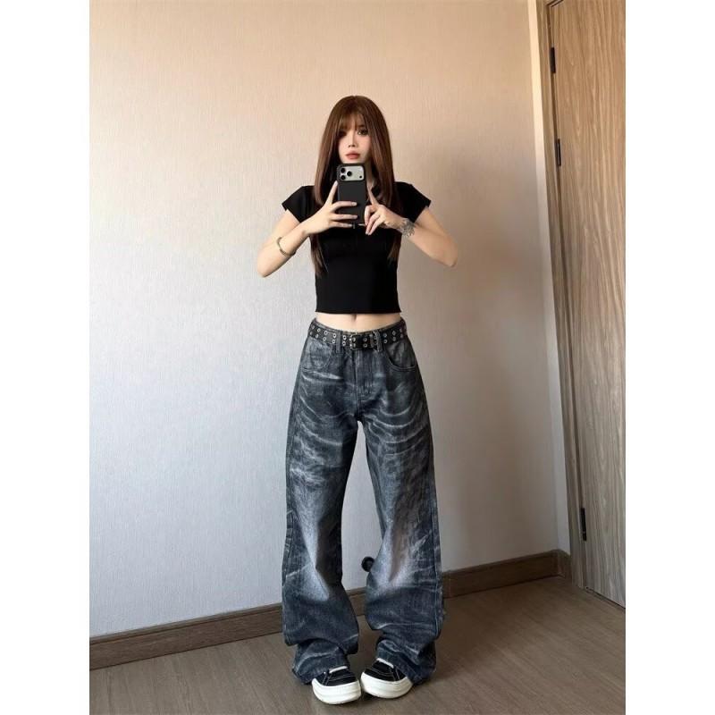 Womens Vintage Washed Straight Leg Jeans High Waist Loose Fit Comfortable Cotton Denim Pants