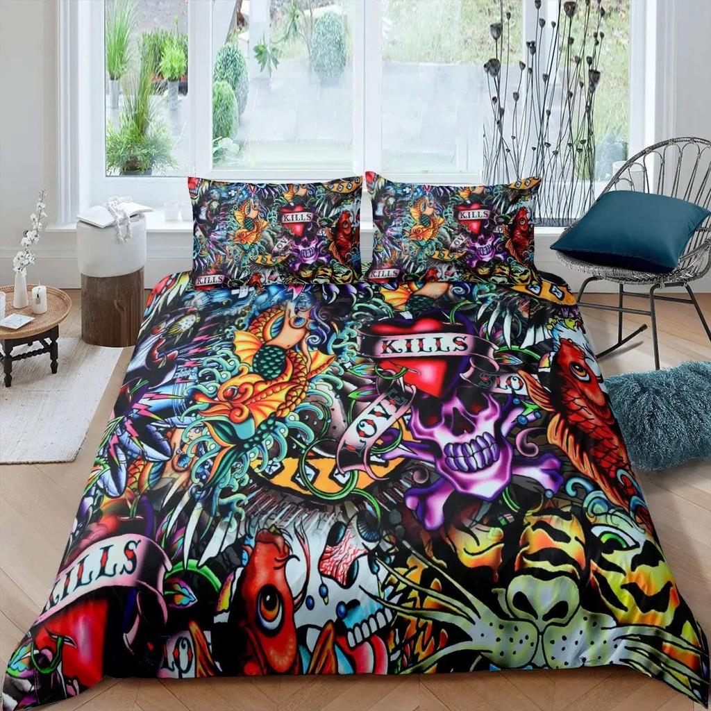 Hip Hop Bettbezug King Queen Size Farbe Street Culture Wand Graffiti Kunst Rockmusik Sport Polyester Bettwäsche Set für Kind Teenager