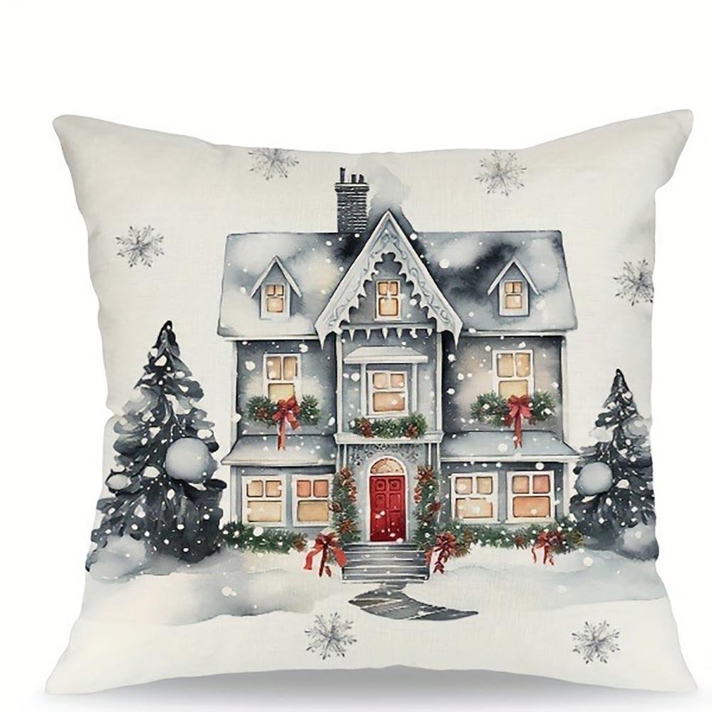 Festive Christmas Pillows: House, Tree, Deer, and Snowmen Designs Sofa Bed Cushion Cover, New Year Home Decoration