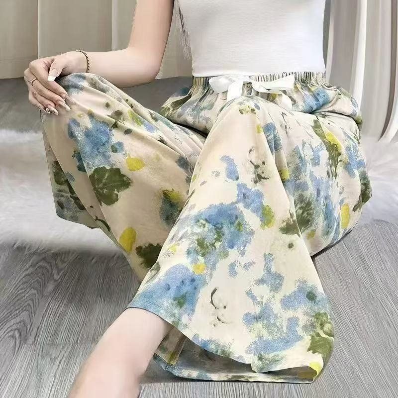 Summer Women Printed Wide Leg Pants High Waist Loose Fit Casual Floral Trousers for Outdoor Walking