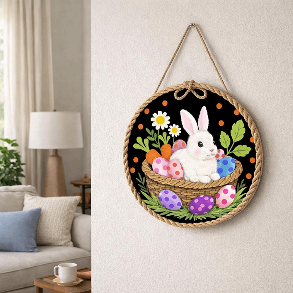 Round Happy Easter Door Sign Wooden Hanging Wood Sign Craft Ornament Egg Door Pendants  Wall