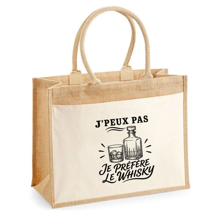 Sac cabas - PLANETEE - J'peux pas je préfère le Whisky - Toile de jute et coton - 21 L (43×33×21 cm) - Illustration noire