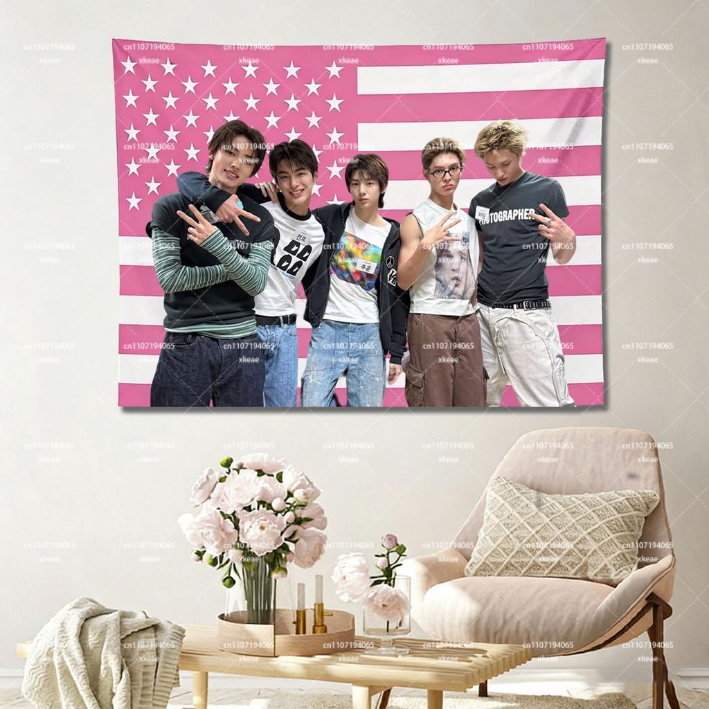 Kpop Boy Group Pink American Flag TapestryIdol Group Photo Wall HangingUSA Flag Kpop Merch Wall Art