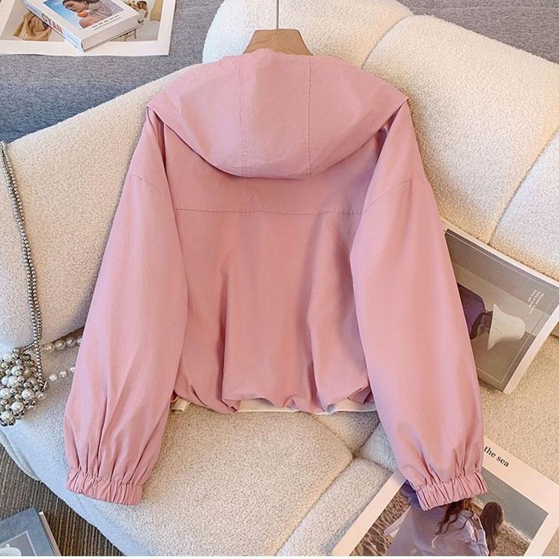 Women's Windbreaker Spring Korean Wild Loose Hooded Fashion Pink Jacket Female Student Windbreaker Coat Lining