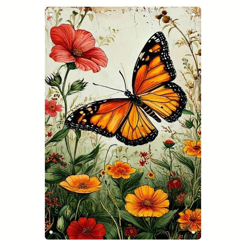Vintage Metal Tin Sign Wall Art Floral Butterflies Decor for Home Living Room Kitchen