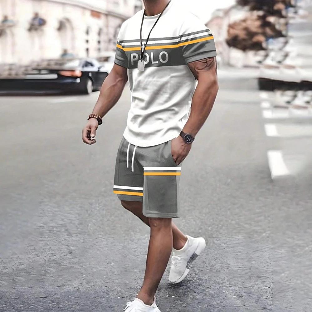 Navy anchor pattern men's set 3D printed summer outdoor short sleeved T-shirt+pants two-piece casual sports plus size men's set