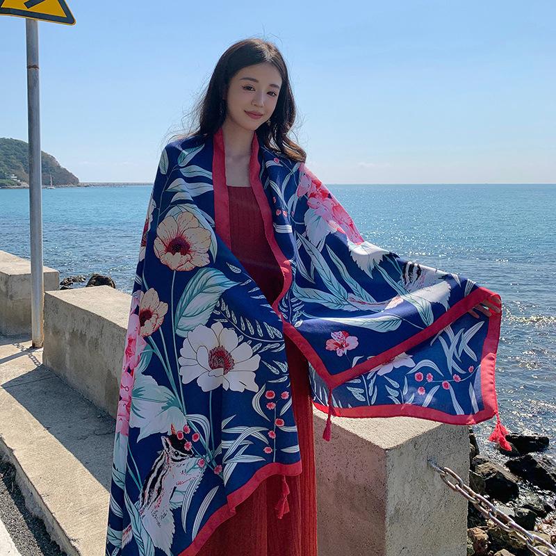 New Summer Elegant Women Silk Scarf Beach Wrap Shawl Floral Print Sunscreen Bandana Hijab Mujer Bohemian Musulman Scarve Pareo