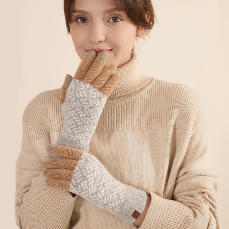 Knitted Gloves To Keep Warm In Autumn and Winter Men's Imitation Wool Brushed Driving Gloves Jacquard Split-finger Gloves Women