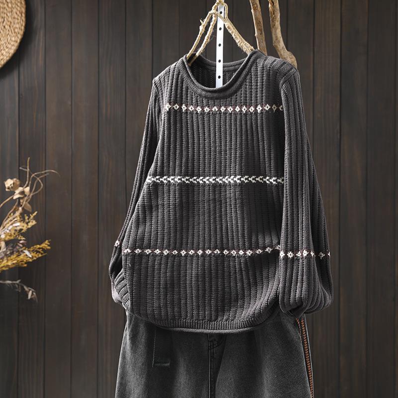 Women's Retro Striped Jacquard Knit Sweater - Loose Fit, Plus Size, Cozy Autumn/Winter Pullover