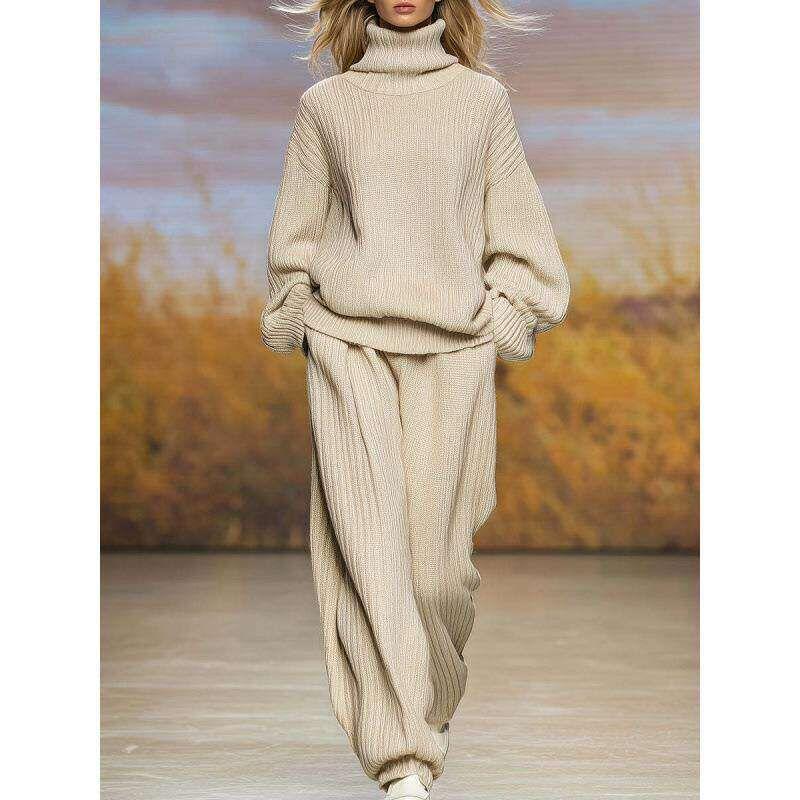 New Casual Knitted High Neck Wide Leg Pants Fashion Set
