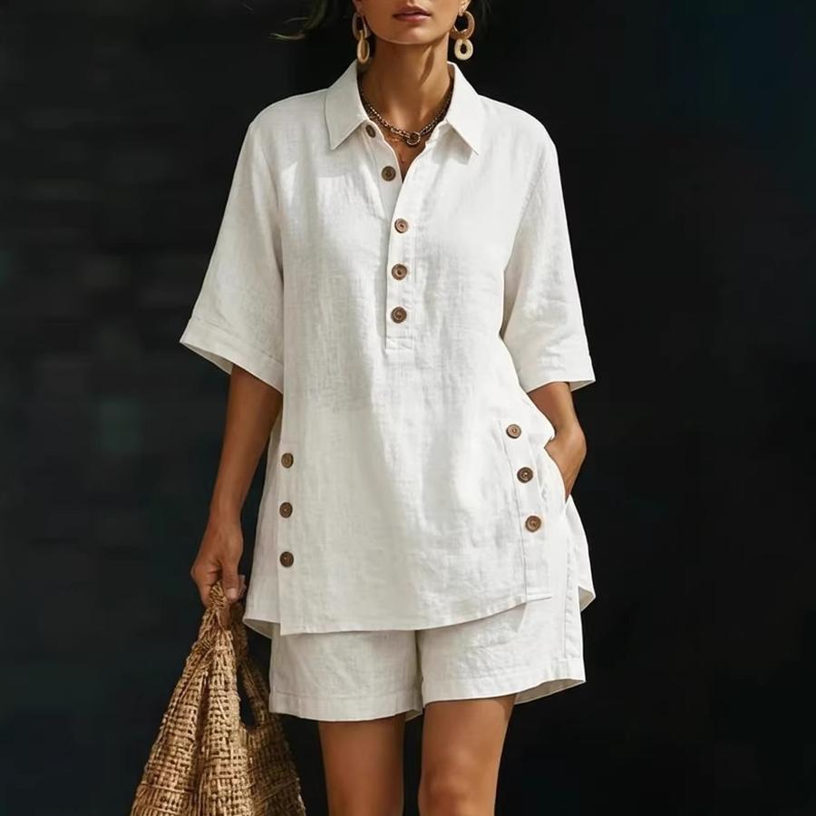 Nuovo Set Estivo da Donna in Lino Camicia e Pantaloncini Casual Comodo Ampio Bottoni Outfit Estivo