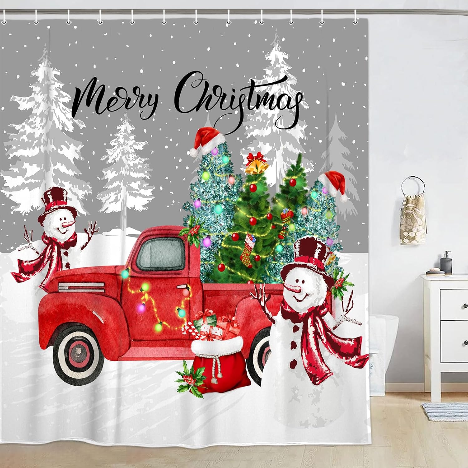 

Christmas Winter Shower Curtain, Snowman With Red Truck Shower Curtain Set For New Year Bathroom Decor, Xmas Ball Tree Festival W60H190(CM)-1 Pcs