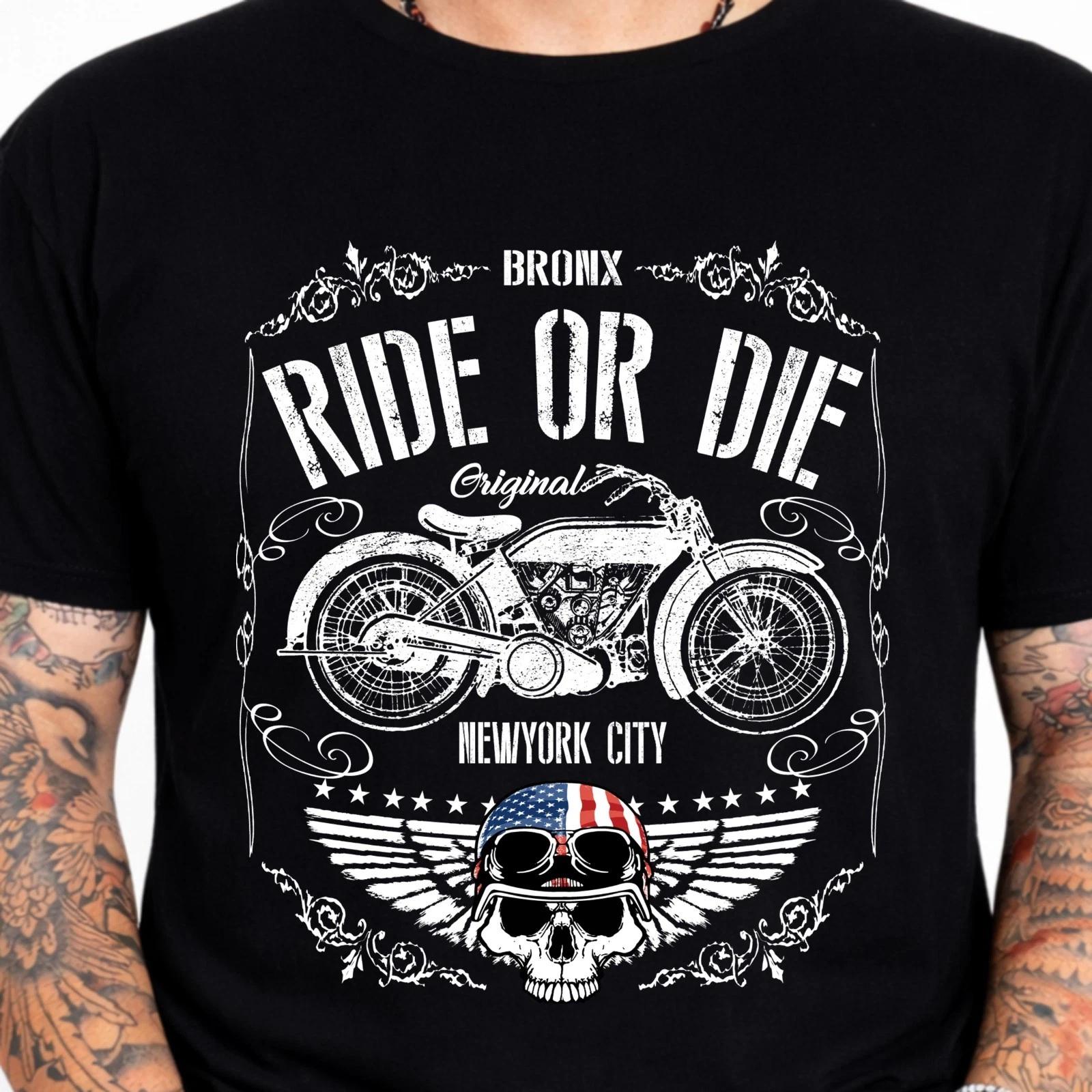 Ride Or Die New York Motorcycle Graphic T-Shirt Skull Wings Biker Tee Chopper L
