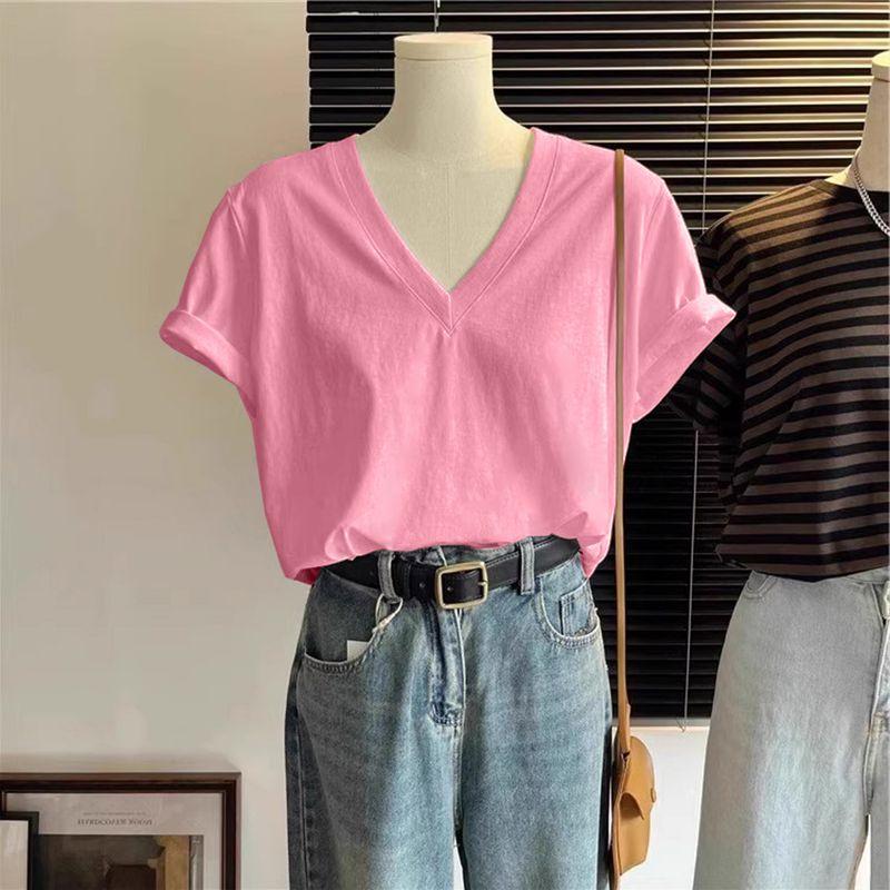 

Shoulder T-Shirt Best Selling Chubby Girl Korean Style Loose V-neck Short Sleeve Pink XL