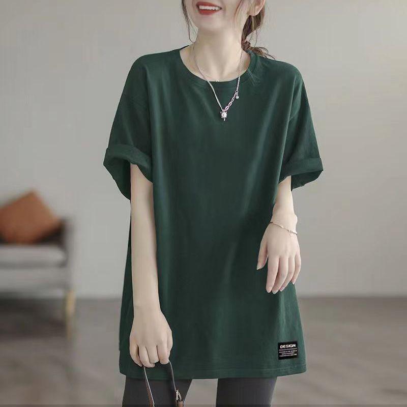 

Export First-Line Italian Export Plus Size Women s Printing T-shirt Short Sleeve Fashion Mid-Length Bottoming Loose Tops Green [pure color]] 2XL