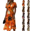 Womens Halloween Print Casual V Neck Short Sleeve Midi Dress with Elastic Waist and Floral Pattern for Seasonal Wear