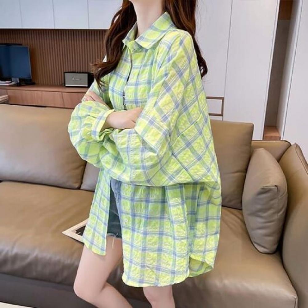 Navava Women Casual Seersucker Check Long Sleeve Shirt Nb2714
