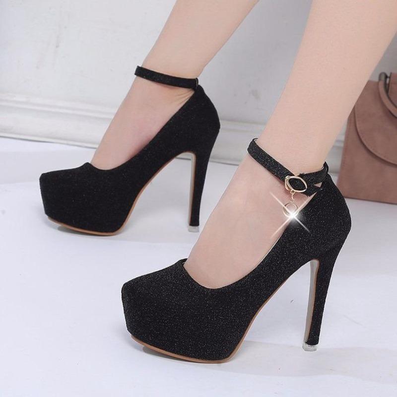 Women's Round Toe Low Cut Stiletto Heels, Strap Detail Platform Dress Shoes
