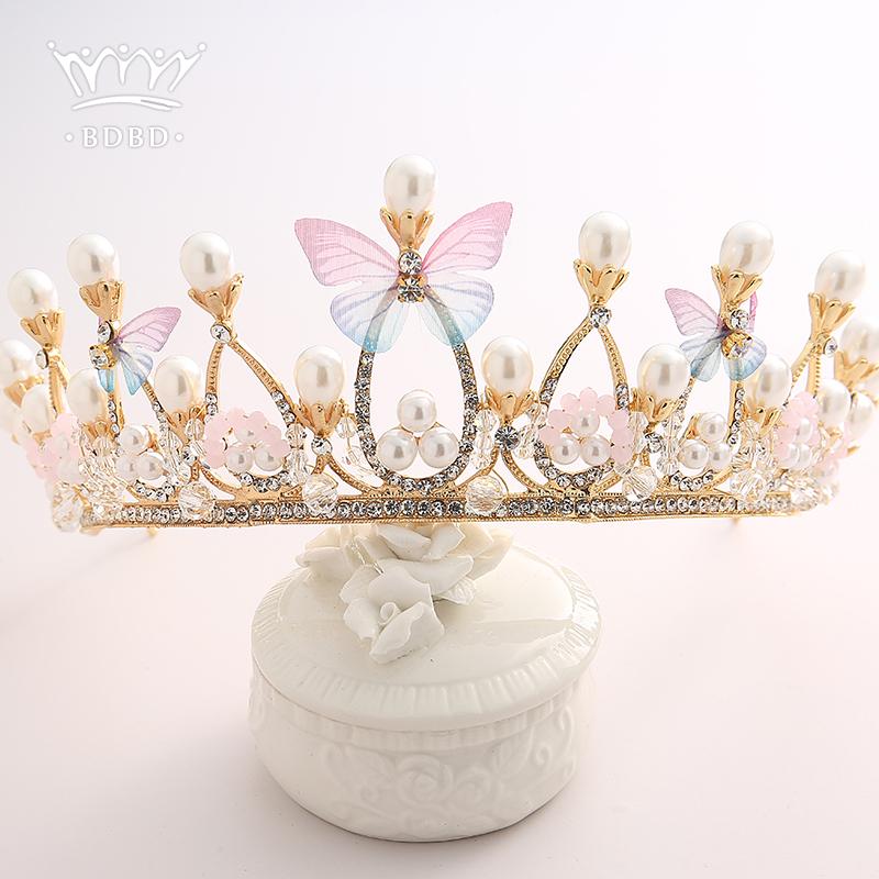 Goldfarbene Tiaras und Kronen Schmetterling Perlen Kristall Handgefertigt Kinderkrone Fotografie Party für Kinder Frauen Prinzessin Diademe