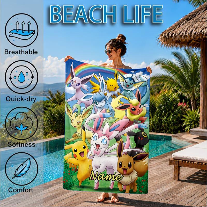 Custom Name Beach Towel Pikachu Friends Microfiber Beach Towel Super Soft & Absorbent for Bath, Beach, Travel Bath Time Accessory, Fan gifts