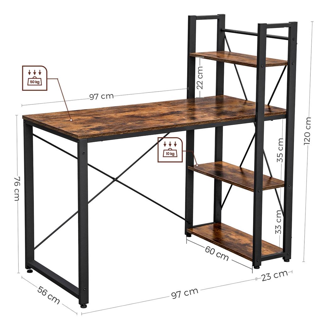 VASAGLE Scrivania per Computer, Scrivania da 120 cm con Mensole portaoggetti a Sinistra o Destra, Stabile, Montaggio Facile, per Ufficio Domestico, Stile Industriale