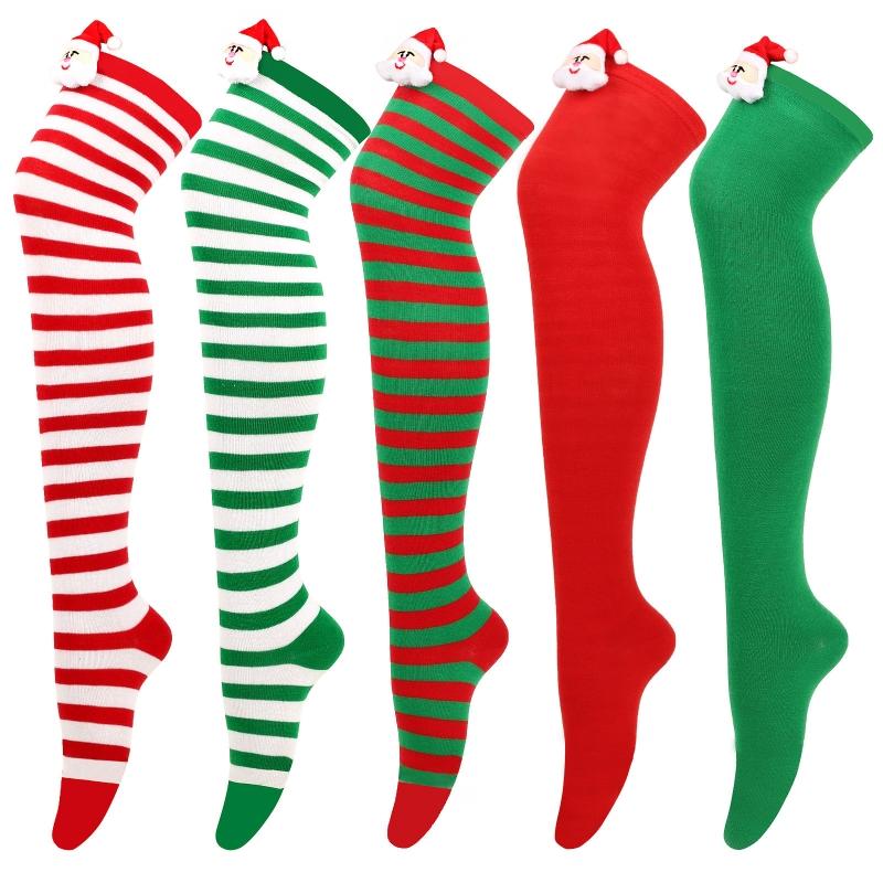 Women Cute Plush Santa Claus Striped Over Knee Long Socks Thigh High Stockings for Christmas Cosplay Costume Hosiery