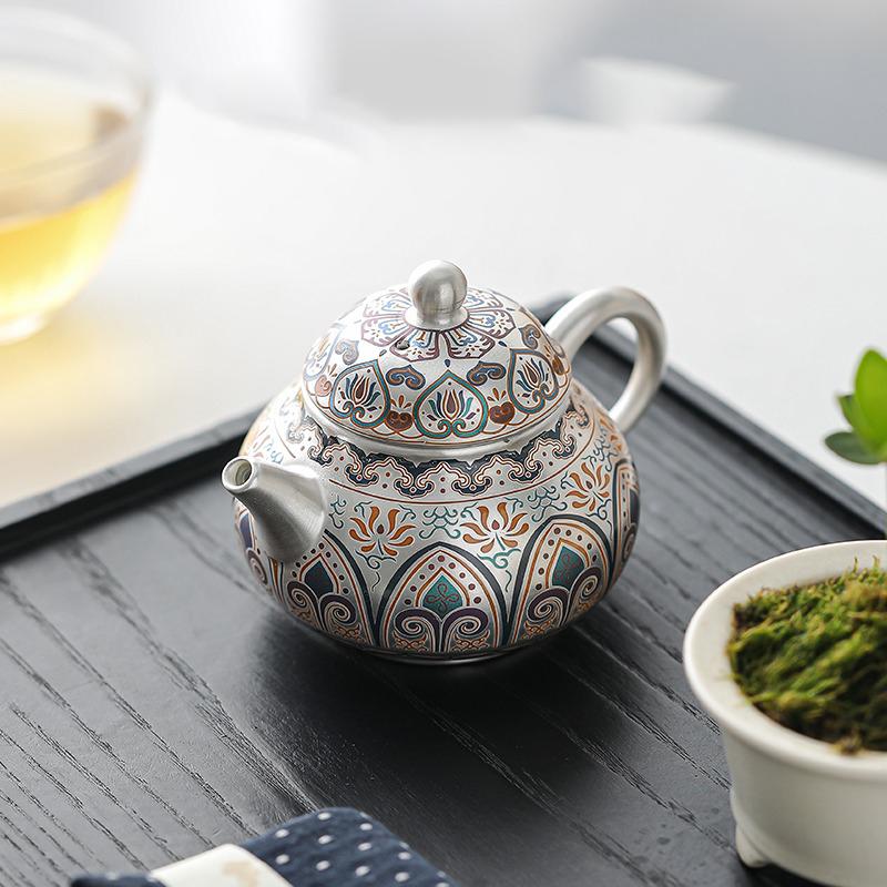 Emaillierte Silberteekanne Einzelkanne zum Aufbrühen von Tee 999 Reinsilberkanne für den Heimgebrauch High-End Teeset Heyun Fengming Teekanne
