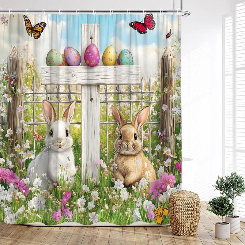 Funny Easter Shower Curtains Cute Bunny Rustic Butterfly Floral Rabbit Eggs Fabric Home Bathroom Curtain Decorative With Hooks
